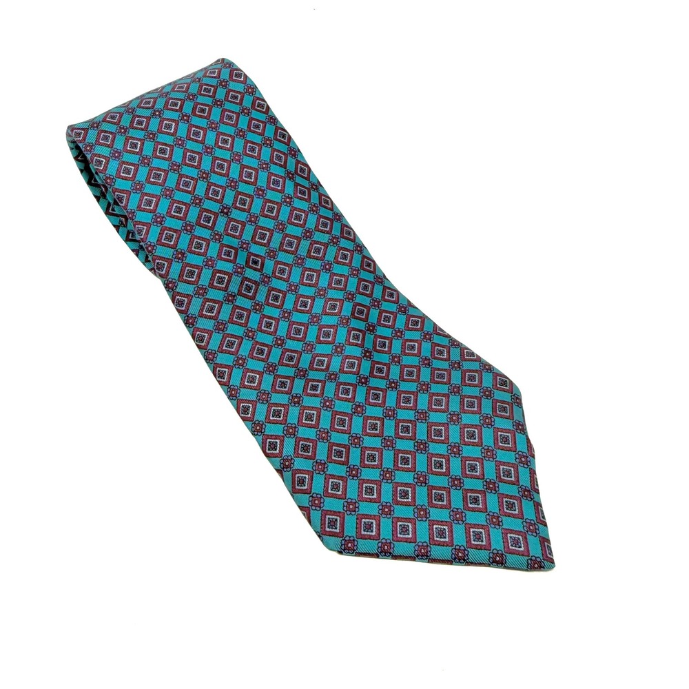 Woodward Silk Geometric‎ Pattern Men's Neck Tie Teal Burgundy